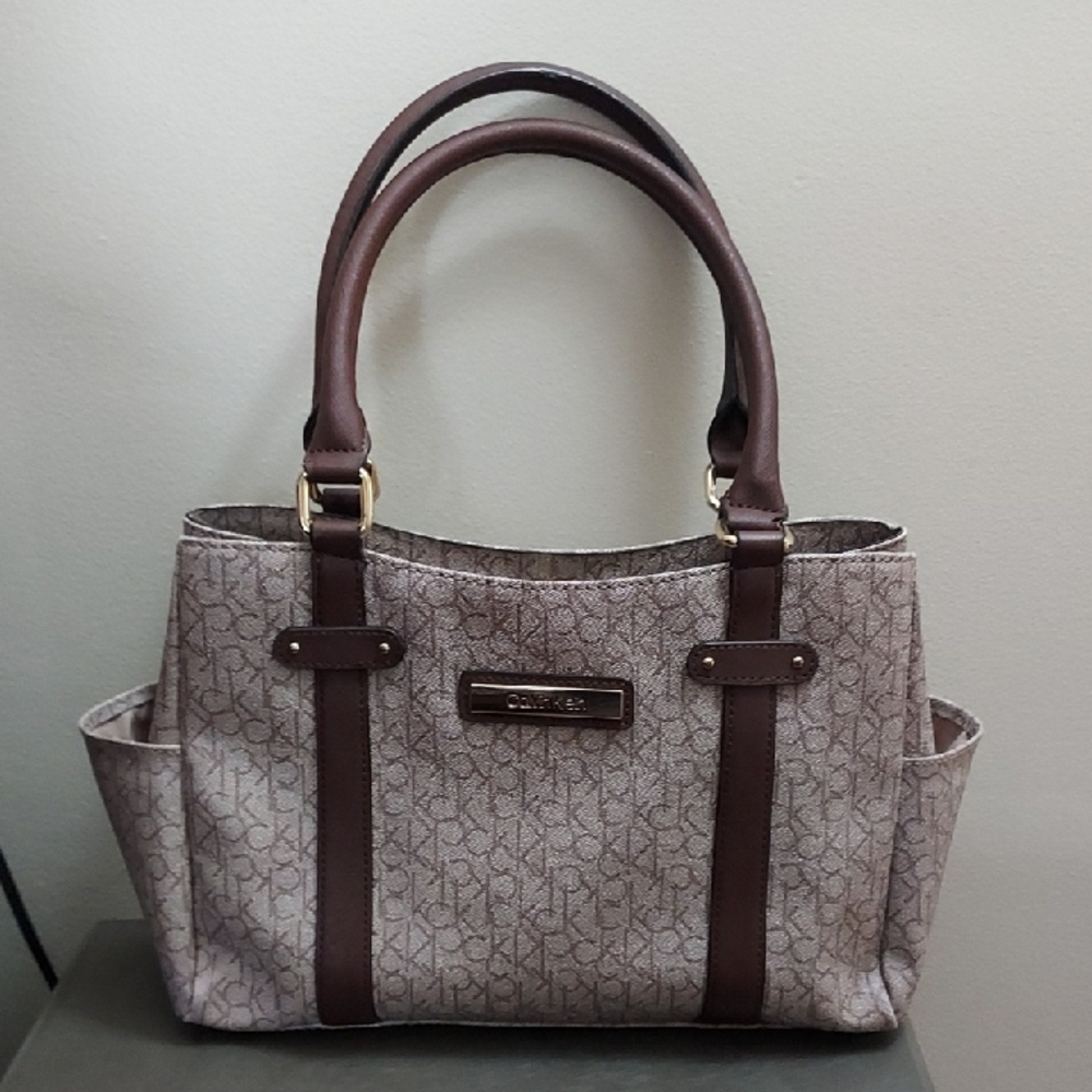 Calvin Klein Beige and Brown Monogram Satchel Bag